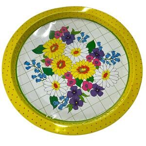 Vintage 70s Floral Metal Serving Tray Yellow Daisy Retro Kitchen 13”